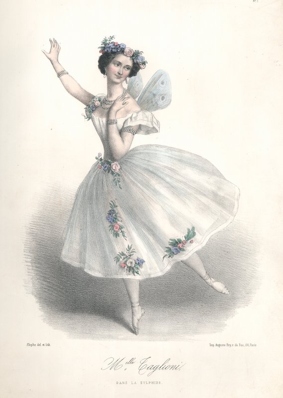 Italská baletní tanečnice Marie Taglioni v baletu svého otce Filippa Taglioniho Le Sylphide v pařížské opeře od Marie Alexandre (after) Alophe