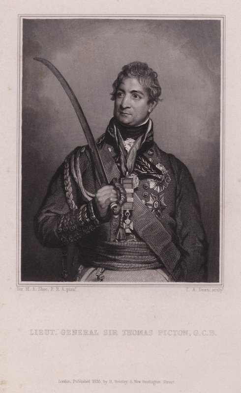 Sir Thomas Picton, velšský generál napoleonských válek zabit v bitvě u Waterloo (rytina) od Martin Archer (after) Shee