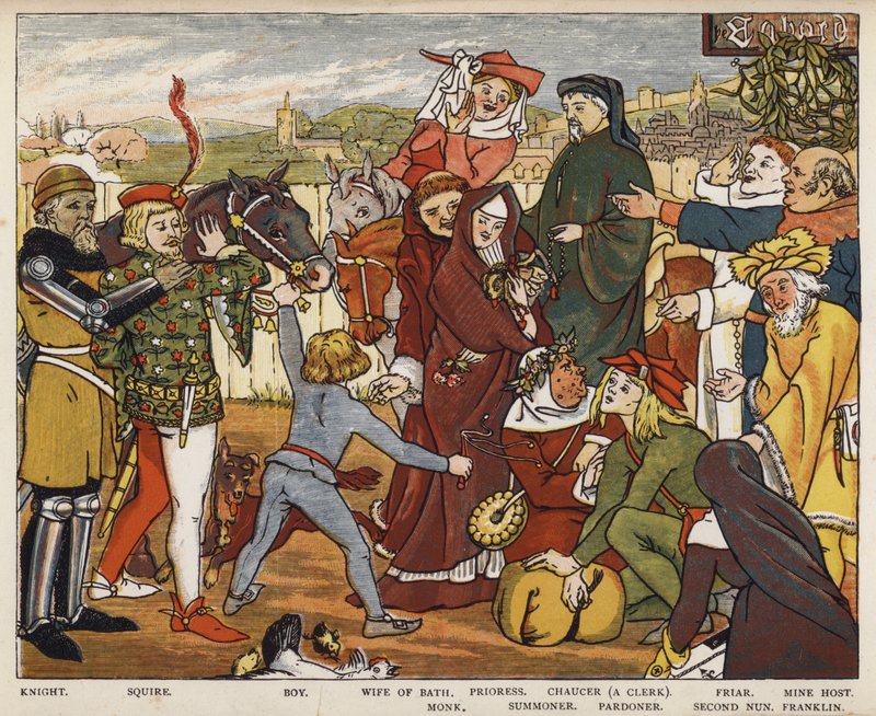 Geoffrey Chaucer, Canterburské příběhy, Poutníci opouštějící Tabard Inn (barevné lito) od Mary Eliza Haweis