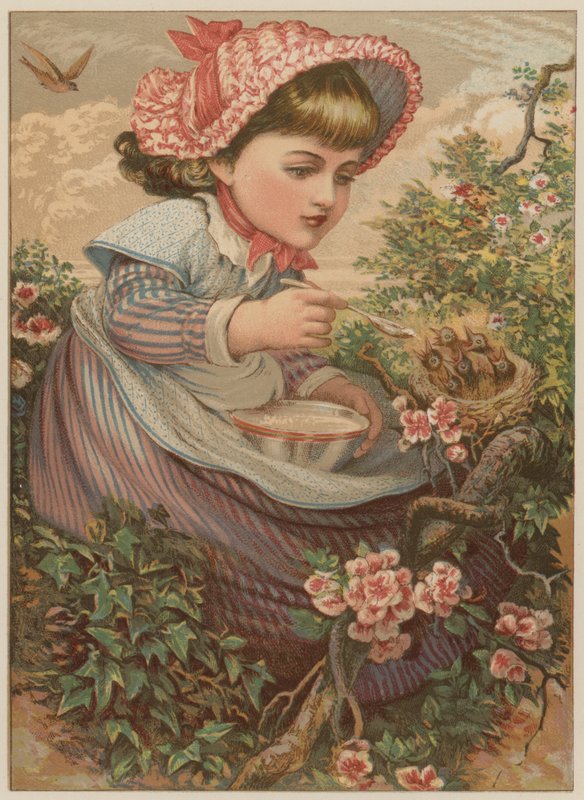 Dívka krmící ptáčky (chromolitho) od Mary Ellen Edwards