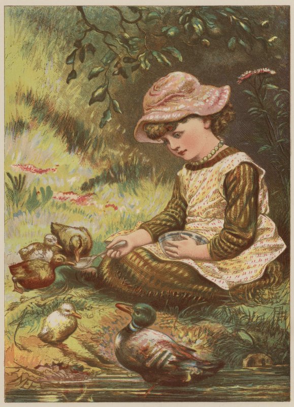 Dívka krmící kachňata (chromolit) od Mary Ellen Edwards