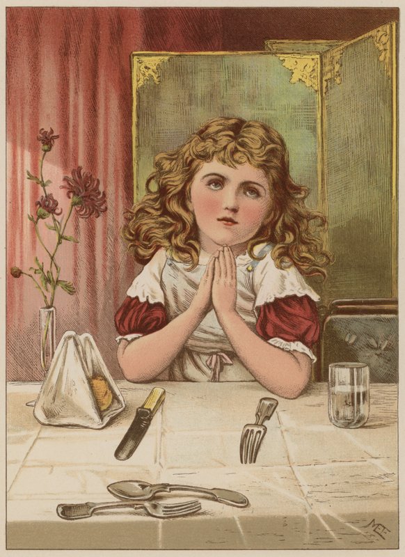 Dívka říká Milost před jídlem (chromolitho) od Mary Ellen Edwards