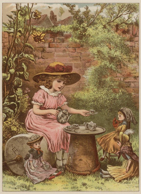 Dívka podávající čaj svým panenkám (chromolitho) od Mary Ellen Edwards