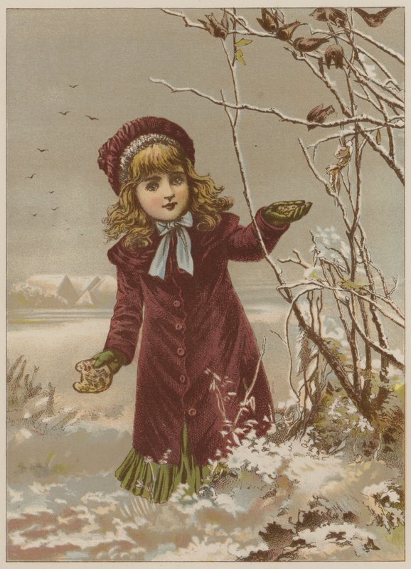 Dívka si bere chleba, aby krmila ptáky ve sněhu (chromolitho) od Mary Ellen Edwards