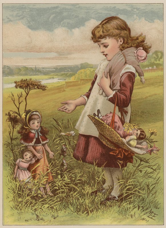 Dívka s panenkami na procházku (chromolitho) od Mary Ellen Edwards