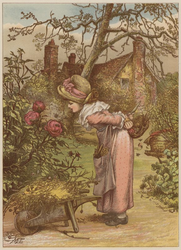 Dívka sleduje včelu v zahradě (chromolitho) od Mary Ellen Edwards