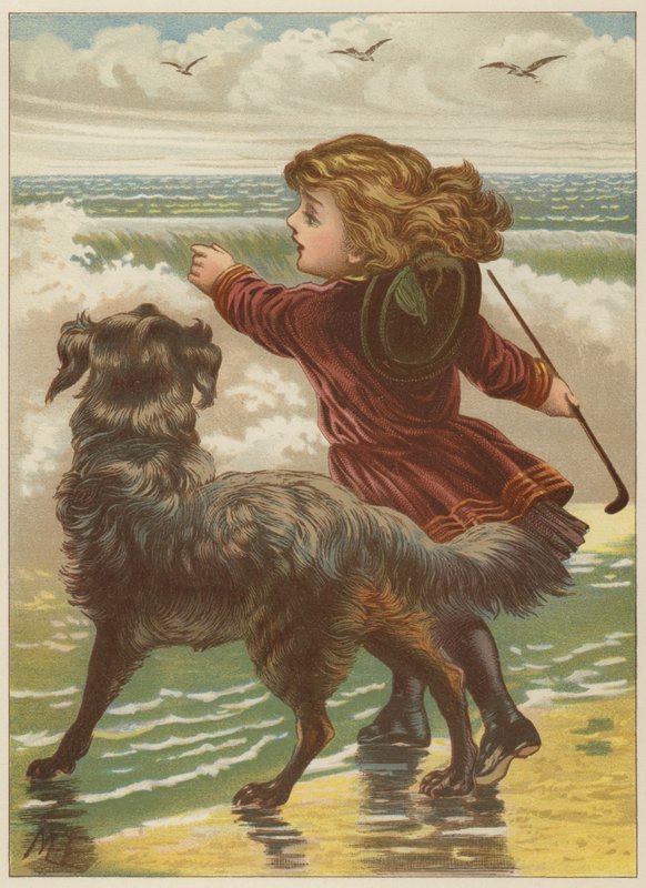 Dívka se psem na pláži (chromolitho) od Mary Ellen Edwards