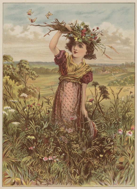 Dívka s květinami a motýly (chromolitho) od Mary Ellen Edwards