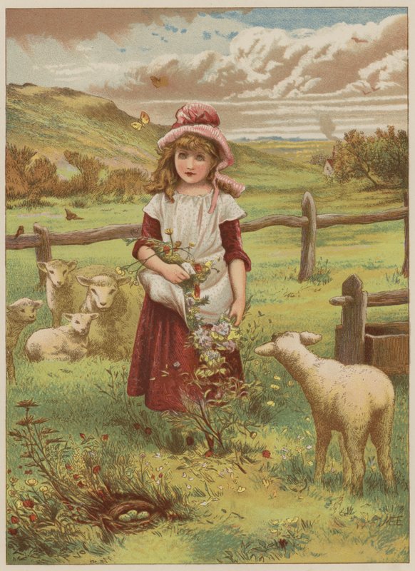 Dívka s jarním jehnětem (chromolit) od Mary Ellen Edwards