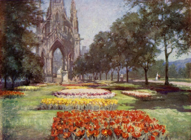 Skotské zahrady: Princes Street Gardens, Edinburgh (barevné lito) od Mary Georgina Wade Wilson