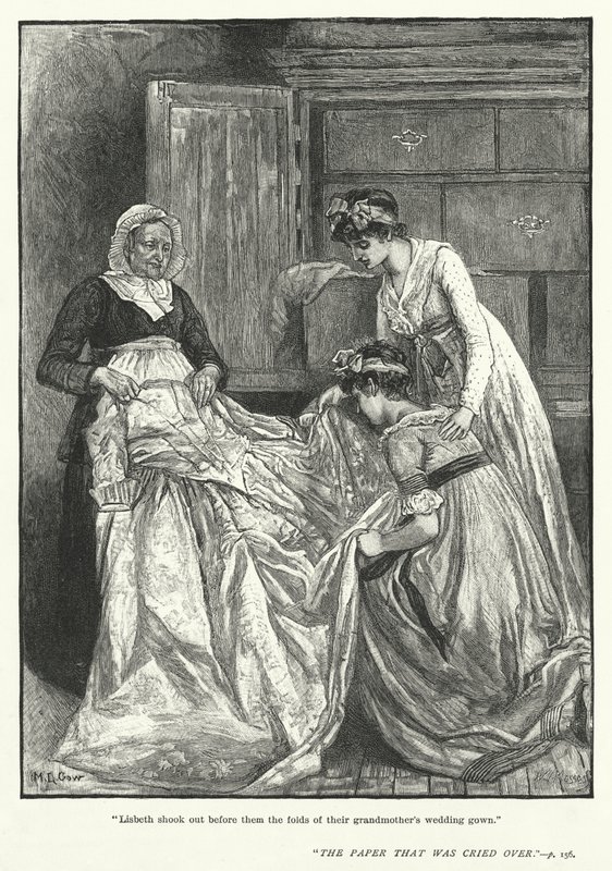 "Lisbeth před nimi vytřásla záhyby svatebních šatů jejich babičky" (rytina) od Mary L. Gow