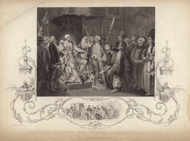 Král Jiří III přijímá tureckého velvyslance a oblek od Mather Brown