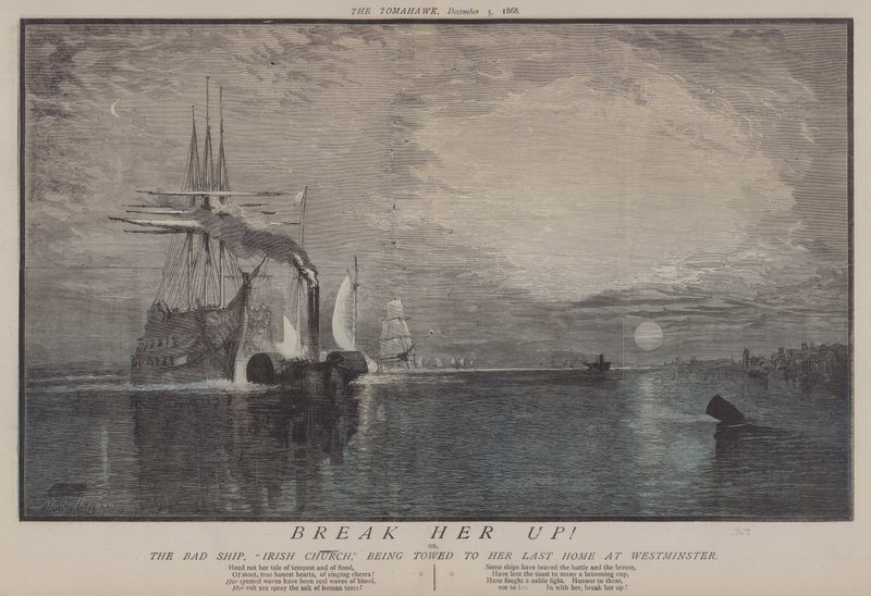 Break Her Up! aneb The Bad Ship Irish Church, která byla odtažena do jejího posledního domova ve Westminsteru (barevné lito) od Matthew
