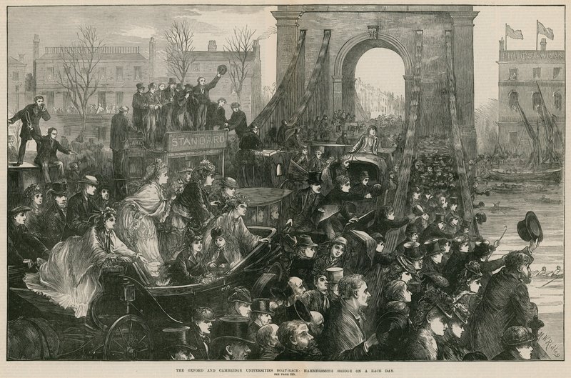 Oxford a Cambridge Boat Race: Hammersmith Bridge v den závodu (rytina) od Matthew White Ridley
