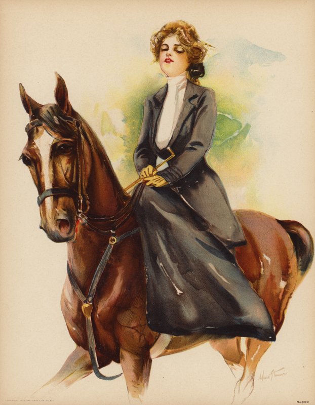 Portrét ženy jedoucí na koni (barva litho) od Maud Stumm