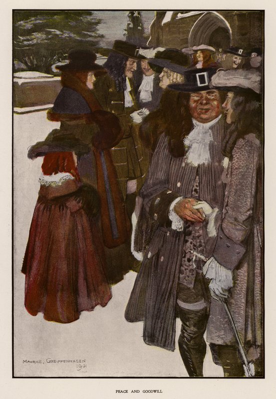 Výměna vánočních pozdravů před kostelem (barva litho) od Maurice (after) Greiffenhagen
