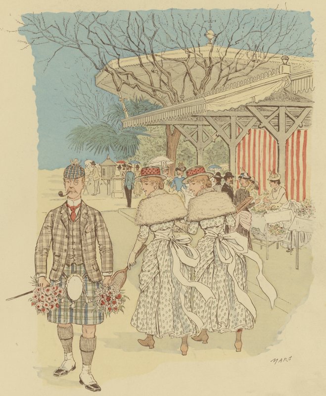 Skotský muž v tradičním Highland Dress mezi lidmi z Cannes, Francie (barva litho) od Maurice Charles Mathieu Bonvoisin