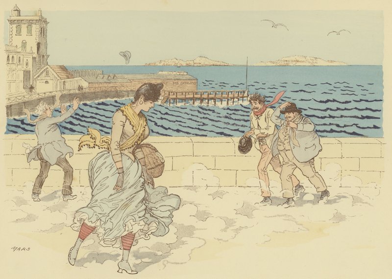 Mistral dělá větrný den na Promenade de la Corniche, Marseille, Francie (barva litho) od Maurice Charles Mathieu Bonvoisin