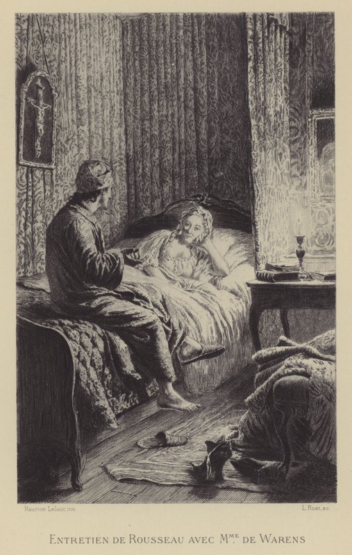 Rozhovor mezi Rousseauem a Madame de Warens (rytina) od Maurice Leloir