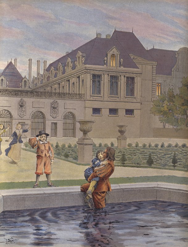 Pád mladého Ludvíka XIV. do bazénu Palais-Royal od Maurice Leloir