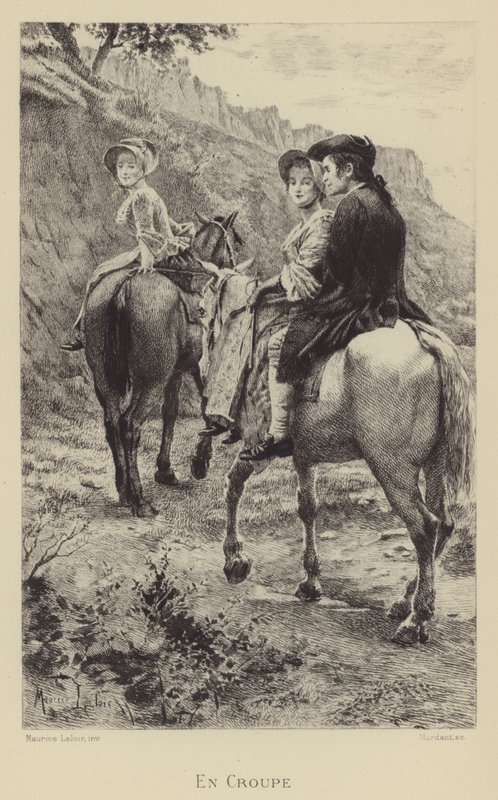 Jean-Jacques Rousseau a dvě mladé ženy na cestě na koni (hlubotisk) od Maurice Leloir