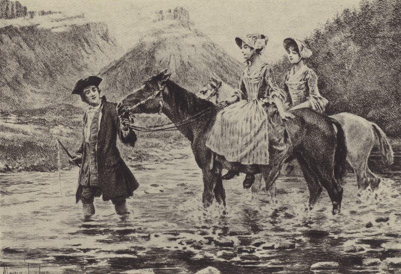 Jean-Jacques Rousseau pomáhá dvěma mladým ženám překročit potok (hlubotisk) od Maurice Leloir