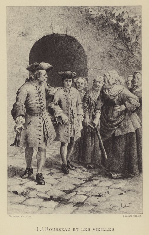 Jean-Jacques Rousseau se starými ženami (hlubotisk) od Maurice Leloir