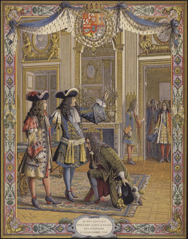 Král Ludvík XIV., vévoda dAnjou, prohlásil králem Španělska a přijal poctu svého velvyslance od Maurice Leloir