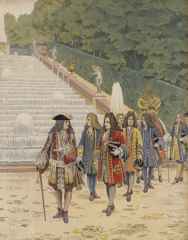Král Ludvík XIV. a Samuel Bernard v Marly, návštěva zahrad od Maurice Leloir