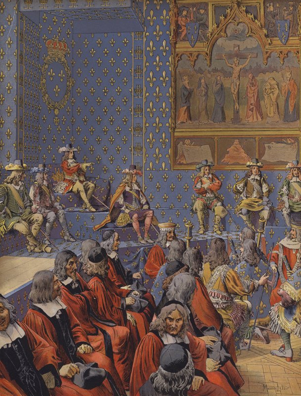 Král Ludvík XIV sedící v botách v parlamentu od Maurice Leloir