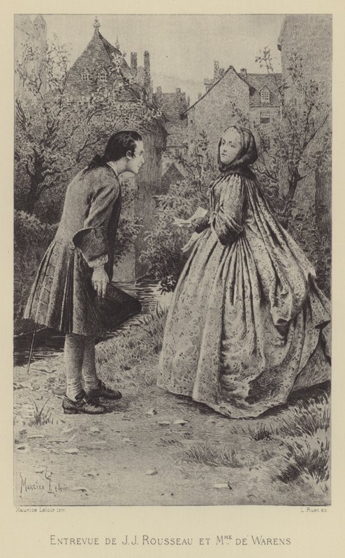 Setkání Jean-Jacquese Rousseaua a Madame de Warens (rytina) od Maurice Leloir