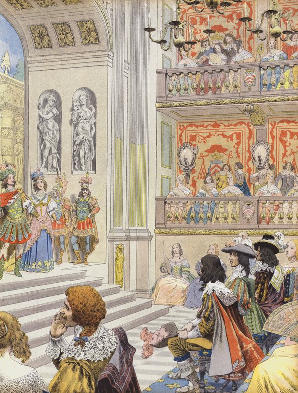 Představení v divadle Palais Cardinal of Mirame, hra napsaná Richelieu a Desmarets od Maurice Leloir