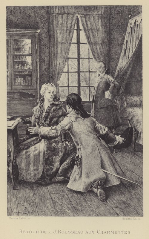 Návrat Jean-Jacquese Rousseaua do Les Charmettes (rytina) od Maurice Leloir