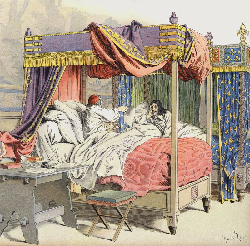 Richelieu a král Ludvík XIII. v přilehlých postelích v době spiknutí Cinq-Mars od Maurice Leloir