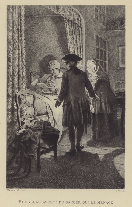 Rousseau varoval před nebezpečím, které mu hrozí (rytina) od Maurice Leloir