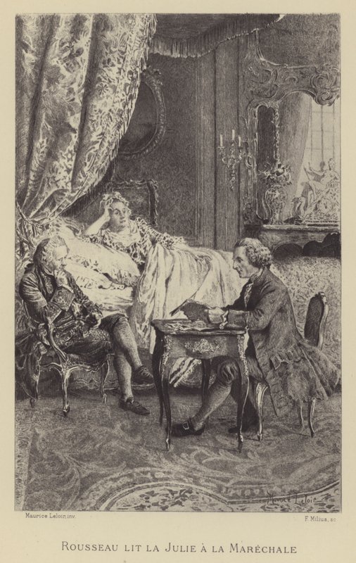 Rousseau čte svůj román Julie to la Marechale (rytina) od Maurice Leloir