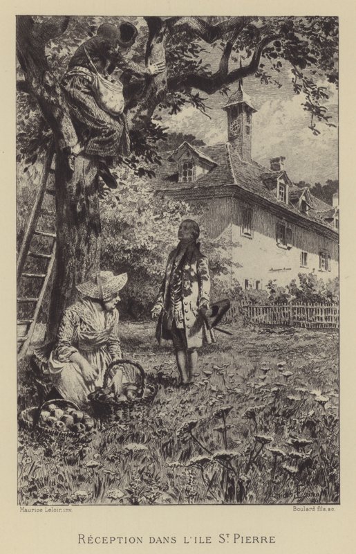 Rousseauova recepce na Ile St Pierre (rytina) od Maurice Leloir