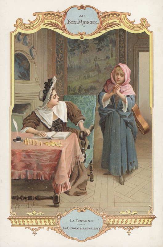 Scéna z bajky Jean de la Fontaines La Cigale et la Fourmi (Mravenec a kobylka) (chromolitho) od Maurice Leloir