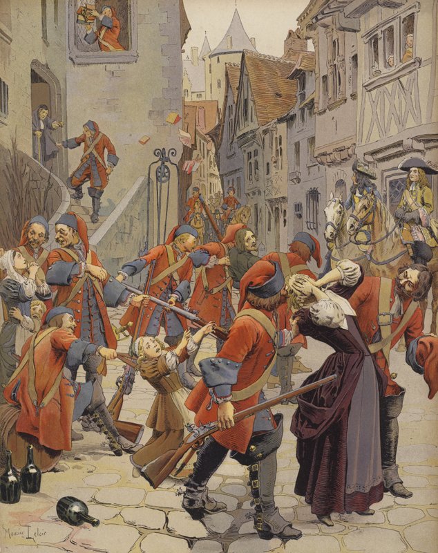 Dragonnades vystěhování protestantské rodiny od Maurice Leloir