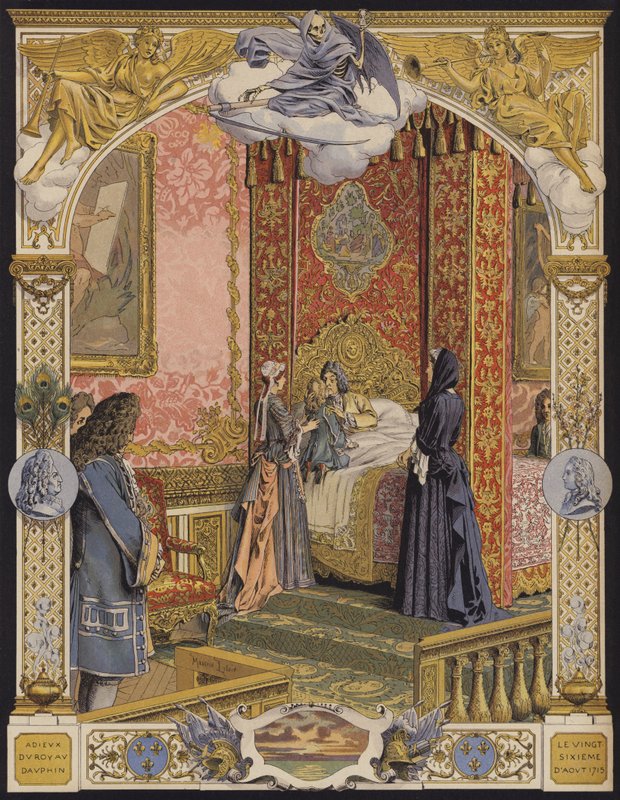 Umírající král Ludvík XIV. naposledy objímající mladého Ludvíka XV od Maurice Leloir