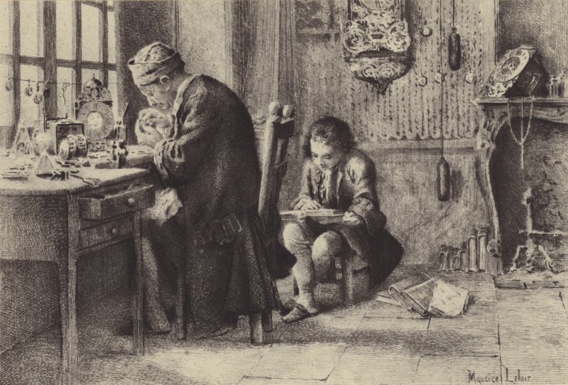 Mladý Jean-Jacques Rousseau čte, zatímco jeho otec pracuje (hlubotisk) od Maurice Leloir
