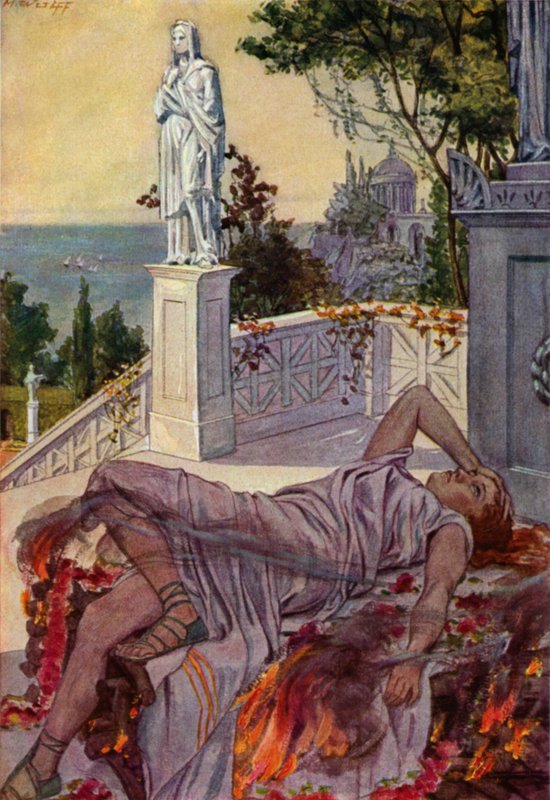Dido spáchá sebevraždu poté, co ji opustil Aeneas (barevné lito) od Max Wulff