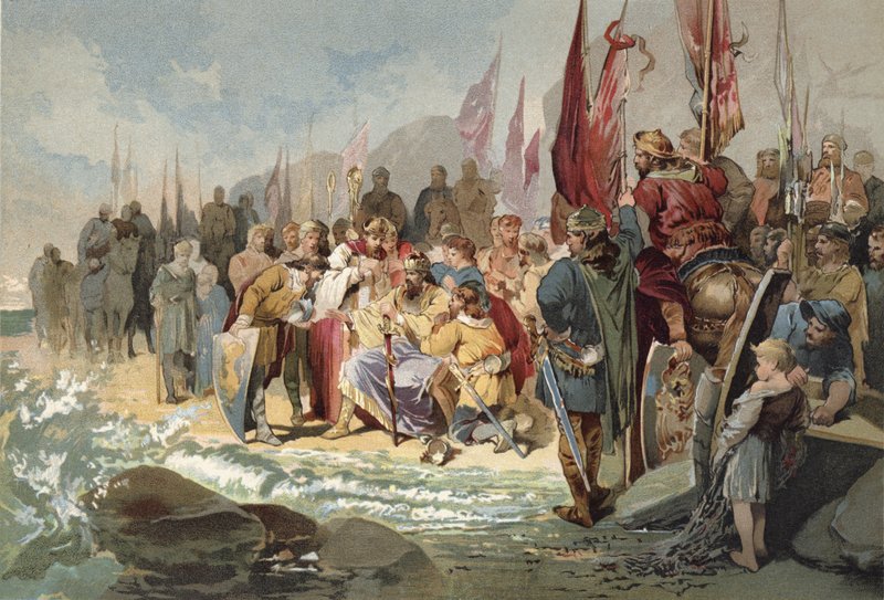 Canute ovládající vlny (chromolitho) od Maynard Brown