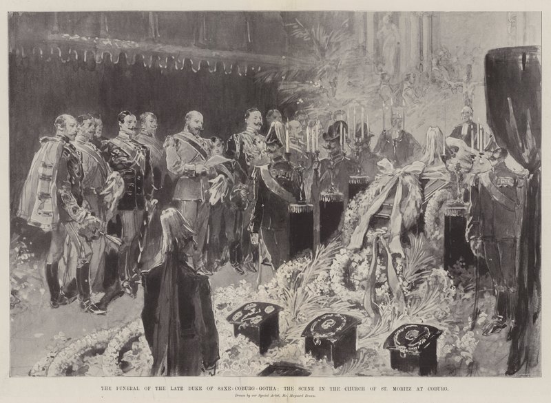 Pohřeb zesnulého vévody Saxe-Coburg-Gotha, scéna v kostele svatého Mořice v Coburgu od Maynard Brown