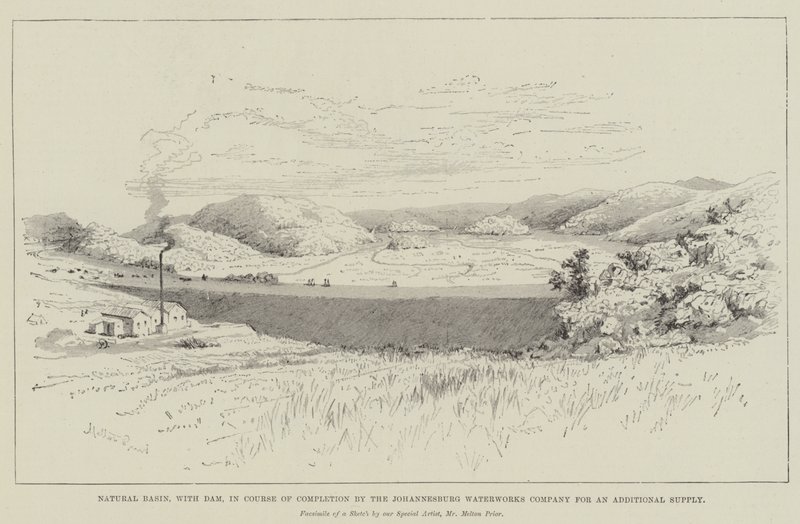 Natural Basin, s přehradou, v průběhu dokončení Johannesburg Waterworks Company pro další dodávky od Melton Prior