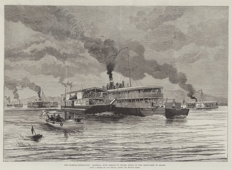 Expedice do Barmy, Flotilla, s vojáky na palubě, mířící po Irrawaddy do Bhamo od Melton Prior