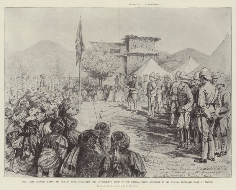 The Indian Frontier Rising, Sir Richard Udny oznamující podmínky vlády náčelníkům Orakzai shromážděným v táboře Sira Williama Lockharta na Majdanu od Melton Prior
