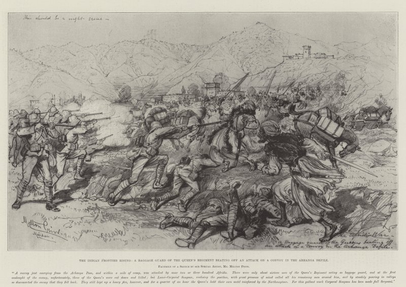 The Indian Frontier Rising, strážce zavazadel královnina pluku odrážející útok na konvoj v Arhanga Defile od Melton Prior