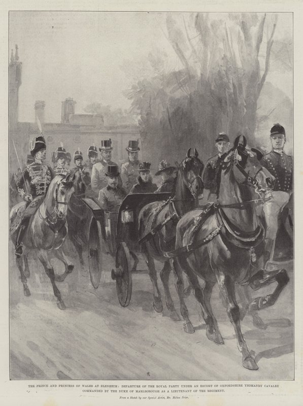 Princ a princezna z Walesu v Blenheimu, odchod královské strany pod eskortou Oxfordshire Yeomanry Cavalry, které velel vévoda z Marlborough jako poručík pluku od Melton Prior