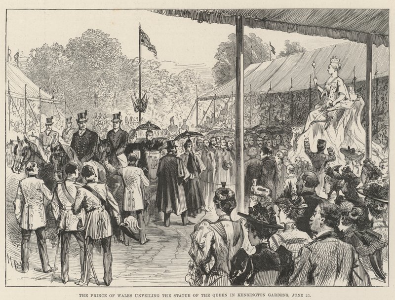 Princ z Walesu odhaluje sochu královny v Kensington Gardens, 28. června od Melton Prior